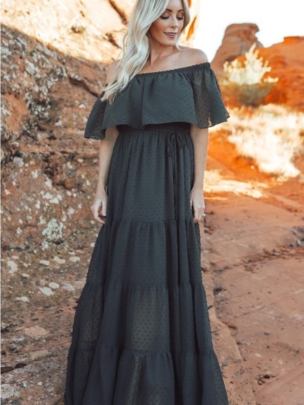 Baltic Born Dark Olive Green Off-Shoulder Maxi Dress